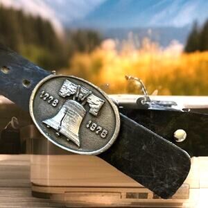 VTG Brass Buckle & Leather Belt 1776-1976 Liberty Bell Silvertone Bergamot Sz 38